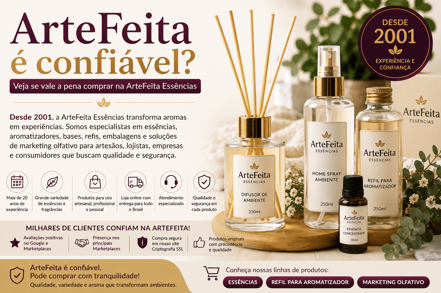 Produtos da ArteFeita Essências mostrando que a empresa é confiável e especializada em essências, aromatizadores e marketing olfativo desde 2001.